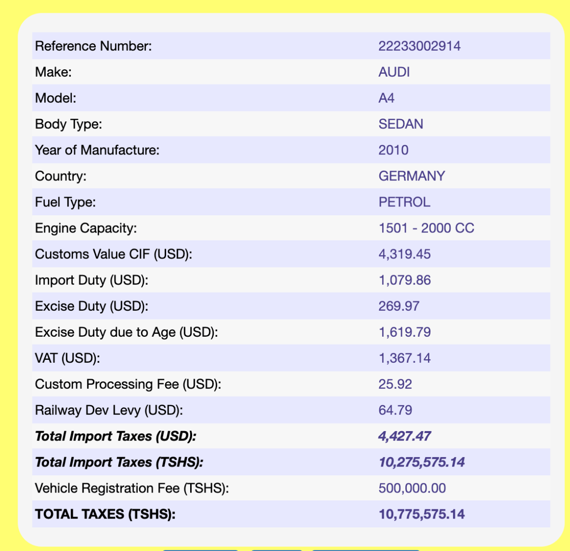 TRA (Tanzania Revenue Agency) used car vehicle calculator.