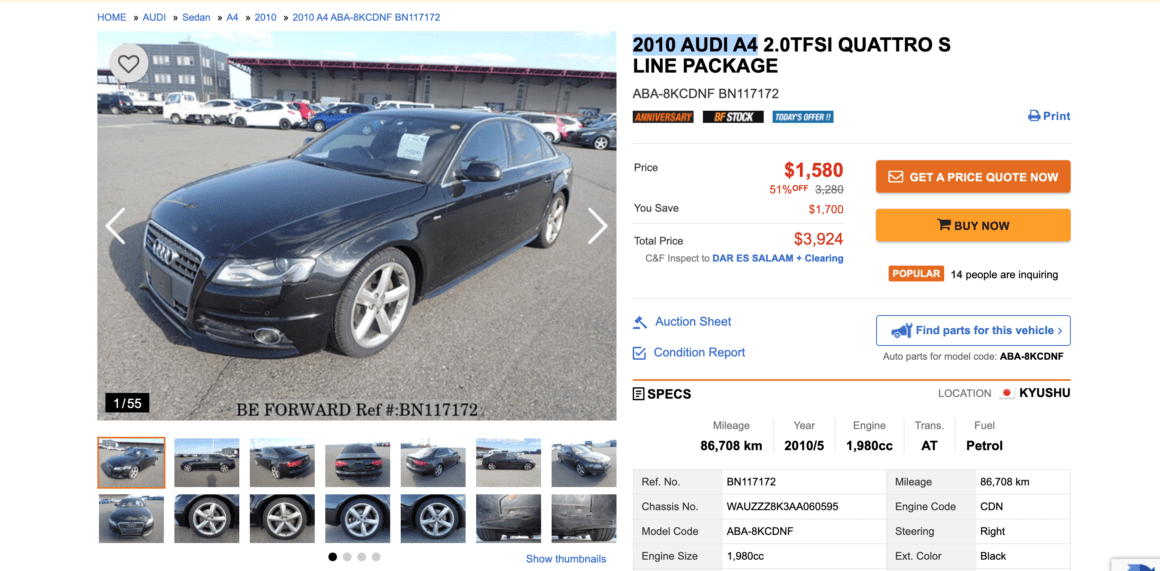 BE FORWARD website and user interface.